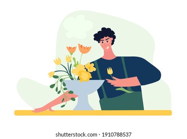 Woman compose bouquet on table. Forist shop or store.  Floristry handicraft on white. Flat vector cartoon isolated illustration