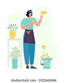 Woman compose bouquet on table. Forist shop or store.  Floristry handicraft on white. Flat vector cartoon isolated illustration
