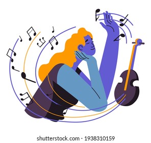 Mujer componiendo melodías y tocando canciones en violín. Personaje femenino con talento para la música y las artes creativas. Inspiración de artista. Notas rodeando a la señora con instrumento. Vector de estilo plano