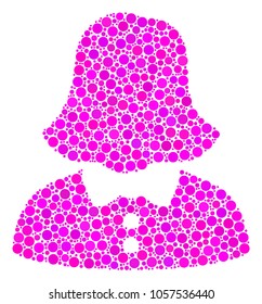 Woman composition of circle dots in variable sizes and color tones. Circle elements are united into woman vector collage. Vector illustration.