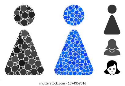 Woman composition of filled circles in different sizes and shades, based on woman icon. Vector filled circles are united into blue composition. Dotted woman icon in usual and blue versions.