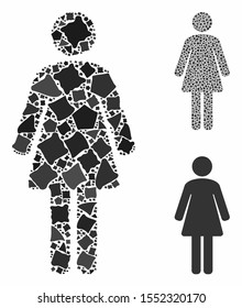 Woman composition of inequal items in various sizes and color hues, based on woman icon. Vector tuberous items are composed into collage. Woman icons collage with dotted pattern.