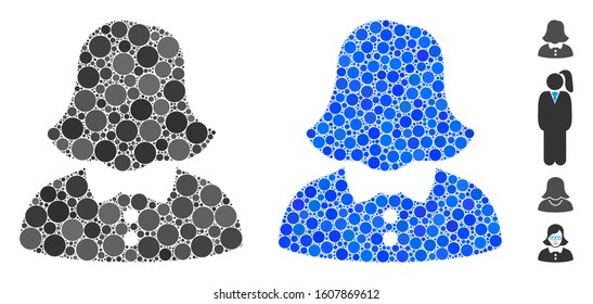 Woman composition of round dots in variable sizes and color hues, based on woman icon. Vector round dots are organized into blue composition. Dotted woman icon in usual and blue versions.