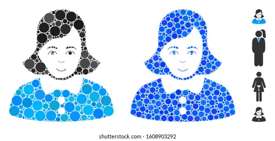 Woman composition of round dots in variable sizes and color tints, based on woman icon. Vector round dots are grouped into blue mosaic. Dotted woman icon in usual and blue versions.