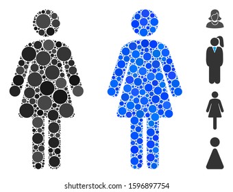 Woman composition of round dots in various sizes and color tones, based on woman icon. Vector round elements are united into blue mosaic. Dotted woman icon in usual and blue versions.