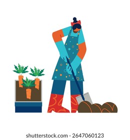 Uma mulher fazendo compostagem para suas plantas de jardim. Ilustração vetorial de conceito caseiro.