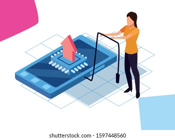 woman with computer chip and smartphone device over white background, colorful design, vector illustration
