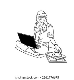 Woman with computer and coffee Young people lifestyle at home Hand drawn line art illustration