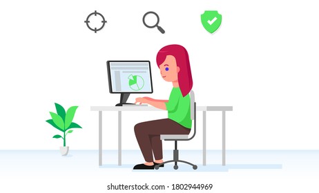 Woman at the computer. Cybersecurity on the network