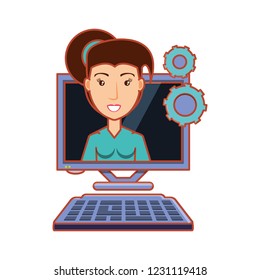woman with computer desktop and gears
