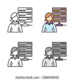 Woman Computer Engineer Icon in Different Color and Style