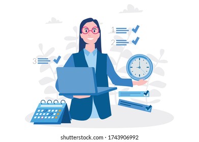 Woman with computer fills schedule calendar. Time management. Vector illustration for web banner, infographics, mobile.  Businesswoman complete business task for work. 