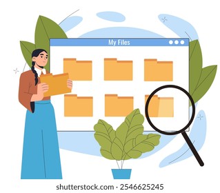 Mulher com pastas de computador. Garota com monitor de computador. Armazenamento e arquivamento com documentos e arquivos eletrônicos. Gerenciamento de armazenamento no computador. Ilustração de vetor plano isolada no plano de fundo branco