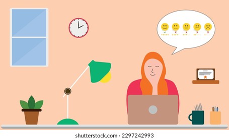 woman at computer
giving feedback. Feedback score and positive customer review experience. Mental Health Assessment idea concept.