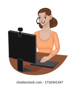 Woman at the computer isolate on a white background. Vector graphics.