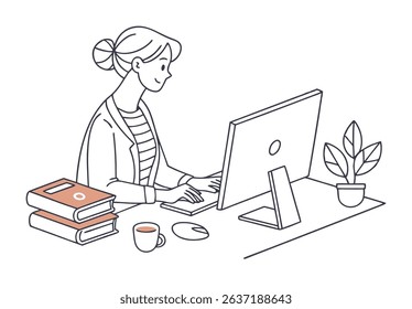 Woman with computer in office. Vector illustration