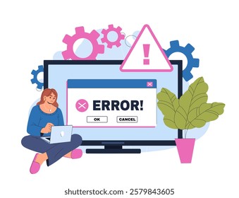 Woman with computer problems. Young girl near computer monitor with 404 error. Troubleshooting and maintenance. Correcting errors in computer code. Flat vector illustration