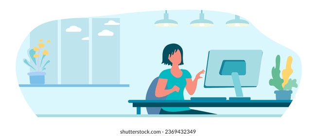 Woman at the computer. Remote study concept. Remote work for a freelancer, webinar. Interior, evening, lighting, lamps, indoor plants, window, clouds, evening. Cartoon flat vector illustration.