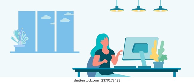 Woman at the computer. Remote study concept. Remote work for a freelancer, webinar. Interior, evening, lighting, lamps, indoor plants, window, clouds, evening. Cartoon flat vector illustration.