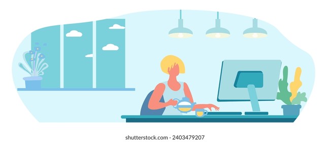 Woman at the computer. Remote work concept. Remote work for a freelancer. Interior, evening, lighting, lamps, indoor plants, window, clouds, evening. Cartoon flat vector illustration.