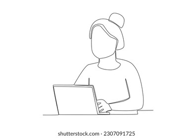 Una mujer con habilidades de computación. Dibujo de una línea del Día Mundial de la Formación Juvenil