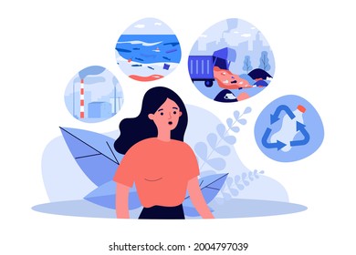 Woman concerned about environmental pollution. Flat vector illustration. Person thinking about ocean and air pollution, recycling, waste disposal. Environmental protection, consumption, nature concept