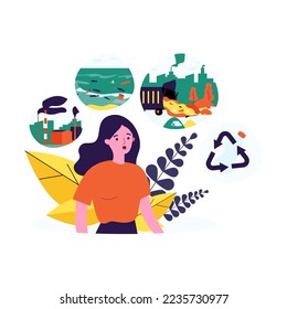 Woman concerned about environmental pollution. Flat vector illustration. Person thinking about ocean and air pollution, recycling, waste disposal. Environmental protection concept