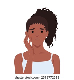 Woman with a concerned expression touches her face, noticing a breakout or acne spot on her cheek. Flat vector illustration isolated on white background