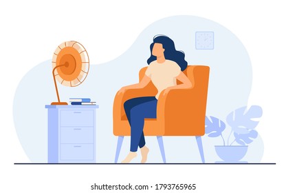 Las mujeres climatizan el aire en casa, se sienten calientes, tratan de refrescarse y se sientan con un ventilador. Ilustración de vectores para el tiempo de verano, electrodomésticos, concepto de sala de calor