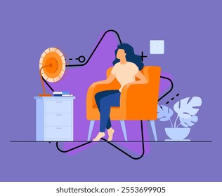 Woman conditioning air at home, feeling hot, trying to cool and sitting gat fan. Vector illustration for summer weather, home appliance, heat room concept