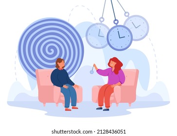 Woman conducting hypnosis session flat vector illustration. Girl at session with psychotherapist. Psychologist swinging pendulum, putting patient in state of altered mind. Mental disorder concept