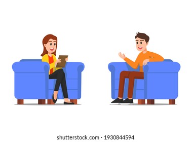 A woman is conducting an interview with a male source