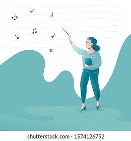 Woman Conductor Conducting Orchestra Fly Sheet Music Playing Music Green Tones Treble Clef Wand Maestro Of An Orchestra Band Director Philharmonic