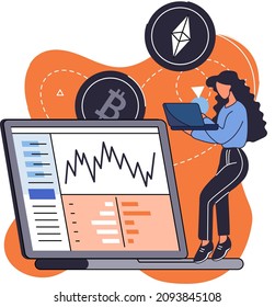 Woman conducts analysis of cryptocurrency market. Investment analytics software on laptop. Working with trading platform for digital currency. Technology for cryptocurrency mining and exchange