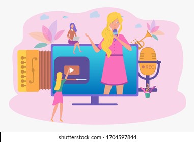 A Woman Conducts A Music Lesson Online. Playing Guitar. Online Music. Blogs For Lovers Of Quality Music. Colorful Vector Illustration.