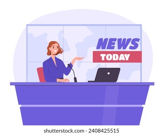 Woman conducts news forecast. Host in television show - news today. Young girl with microphone and laptop. Information at mass media. Cartoon flat vector illustration isolated on white background