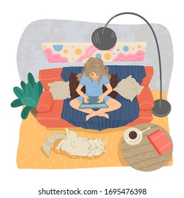 Woman conducts online education, an online university student, learning from home. Watching videos or movies, entertainment in the apartment, stay at home. The cat on floor. Vector cute illustration.