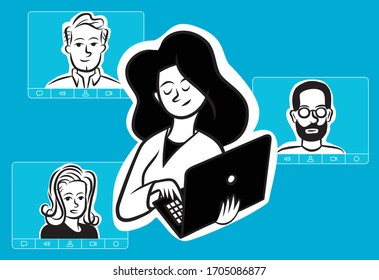 A woman conducts a videoconference with her team.