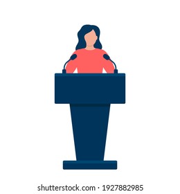 Woman In Conference Suit On Podium, Tribune. Speech By People Leader, Businesswoman, Head, Teacher. Vector Illustration