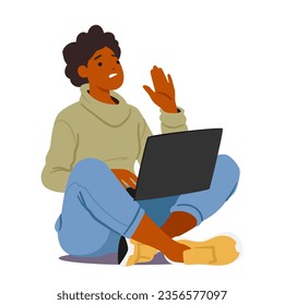 Woman Confidently Halts With A Stop Gesture, Focused On Her Laptop Displaying Fake News. Female Character Sending Strong Message Against Misinformation. Cartoon People Vector Illustration