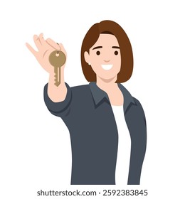 Woman confidently holds up a key, symbolizing homeownership, or a new beginning. Flat vector illustration isolated on white background