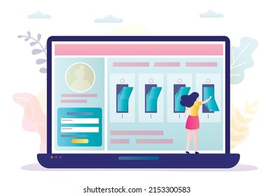 Woman Configures Operating System Of Laptop. User Interface Customization. Female Character Customize Personal Account. Girl Presses On Or Off Buttons. Group Of Switches On Screen. Vector Illustration