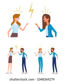 Woman conflict. Two women characters quarrel and make a loud public scandal . Vector flat cartoon illustration.