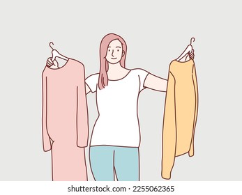 Woman confuse choosing her fashion outfit after the shopping simple korean style illustration