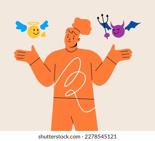 Woman confused to choose between good angels and bad demons. Colorful vector illustration
