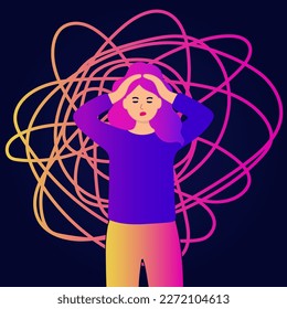 The woman is confused. A lot of emotions, thoughts, messages. The concept of mental health. Vector illustration in trendy colors.