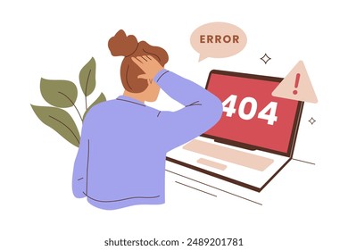 Woman confused error 404 concept. Illustrations for websites, landing pages, mobile applications, posters and banners. Trendy flat vector illustration