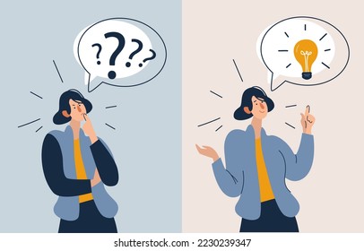 Woman confused looking for answers and creating solution. Girl thinking and finding answer.  Innovation and problem solution. Vector illustration.