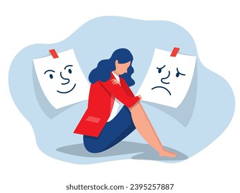 woman confused Mixed emotions of happiness and sadness under mask imposter syndrome, Bipolar disorder, fake faces and emotions. psychology, false behavior or deceiver.vector illustrator