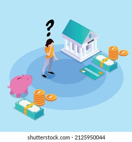 Woman confused saving on bank or piggybank isometric 3d flat vector illustration concept for banner, website, landing page, ads, flyer template, etc